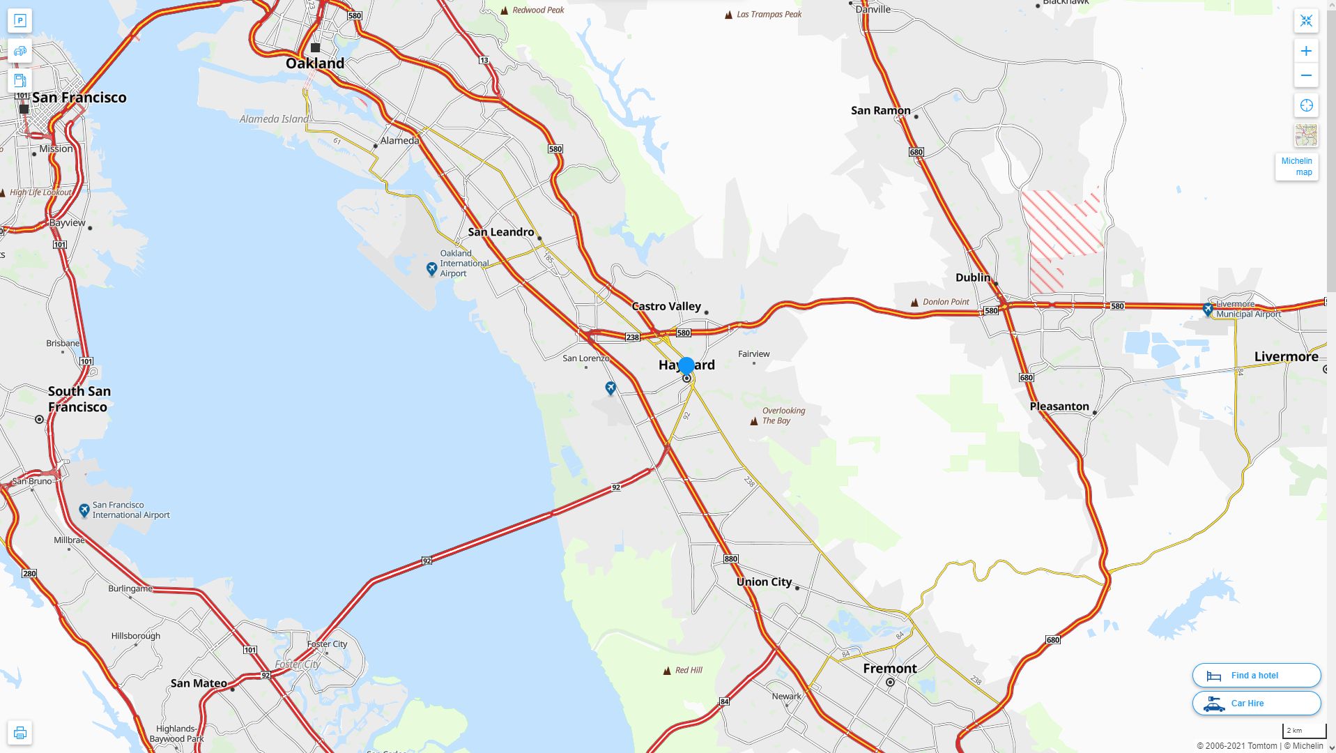 Hayward California Highway and Road Map